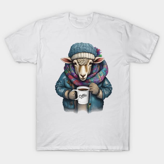 Sheep wearing a jacket holding a cup coffee T-Shirt by JnS Merch Store